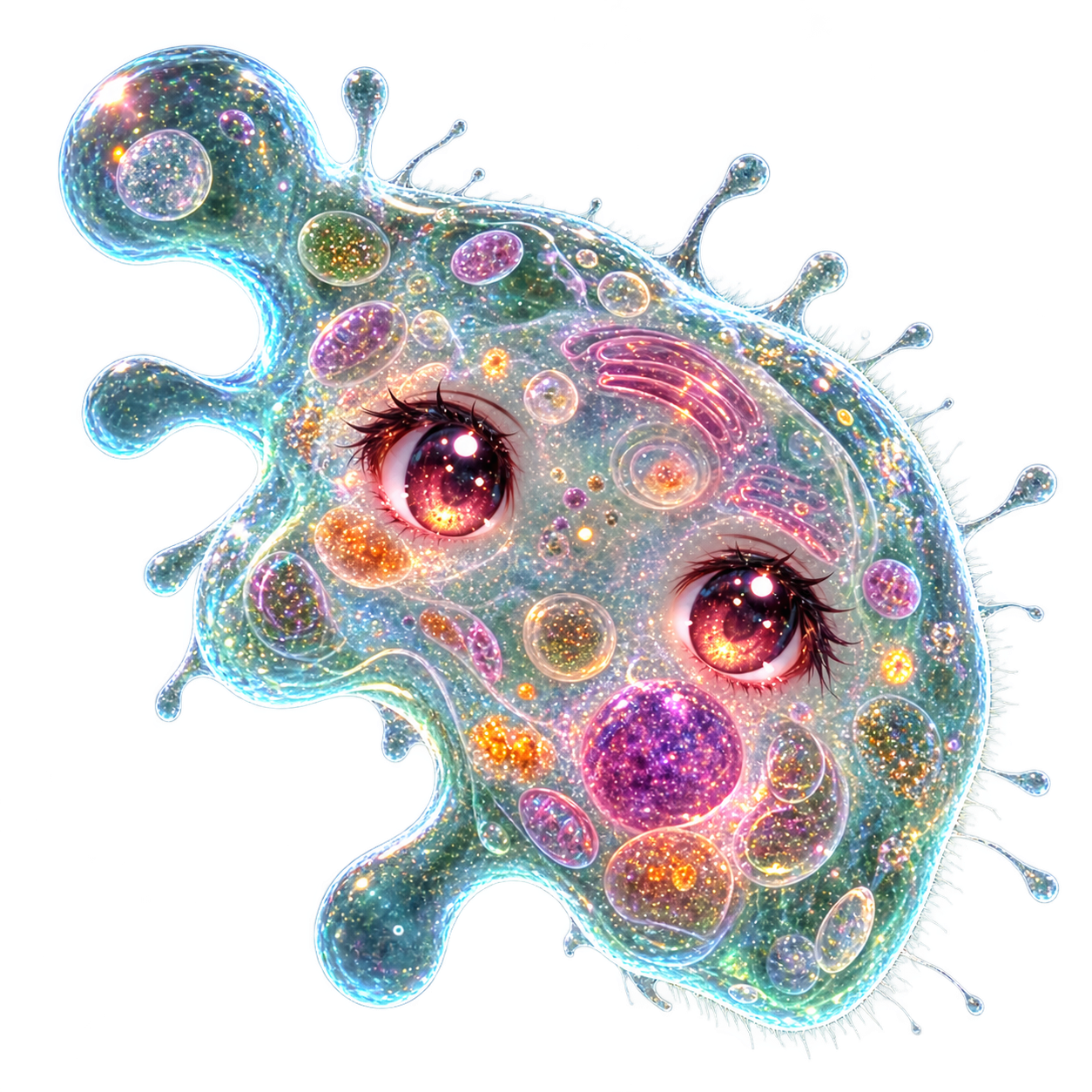 Amoeba Chan, a translucent sparkle-eyed single-celled organism with iridescent organelles